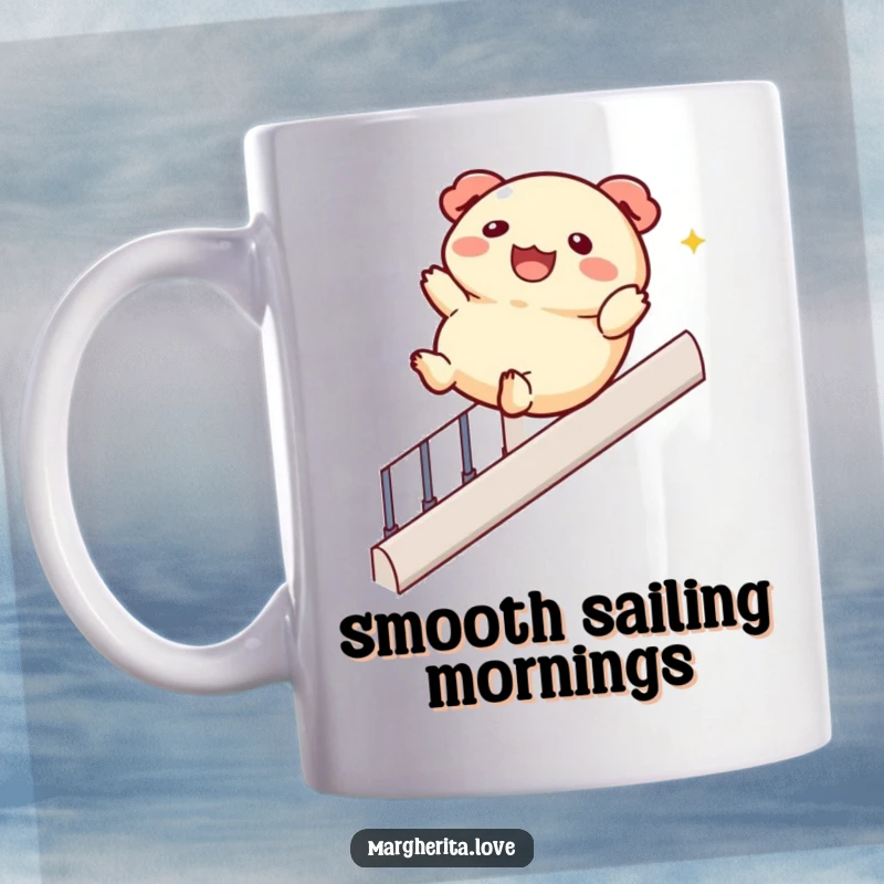 Funny dumpling mug featuring a jolly character happily sliding down a banister, bringing cheerful and playful vibes.