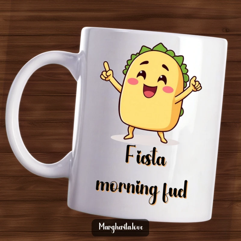 Funny mug graphic of a grinning taco with arms performing a victory dance, representing pure joy and celebration, perfect funny gift.