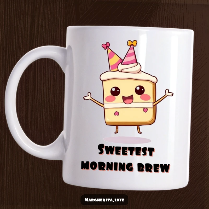 Funny mug featuring a happy, bouncing slice of cake wearing a party hat, spreading cheer.