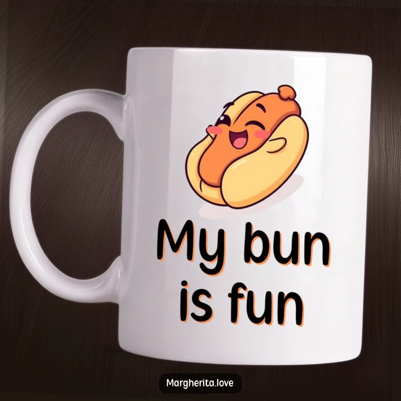 Funny mug: A smiling hot dog winks playfully as it slides down a bun, resembling a fun playground slide.
