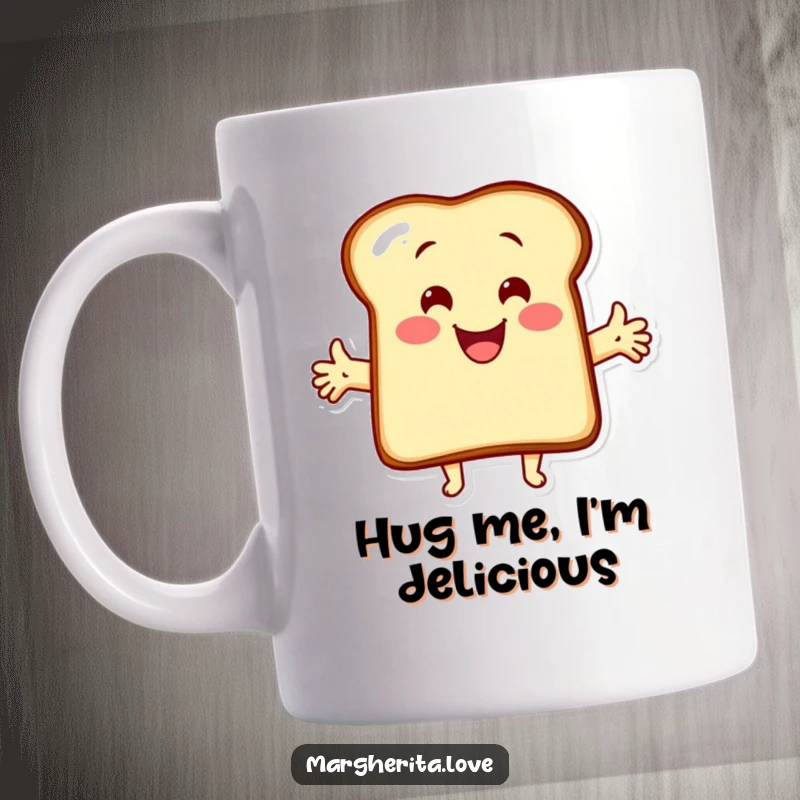 Funny mug featuring a smiling, cartoon toast character with arms wide open, offering a cheerful, warm hug. A delightful breakfast buddy.