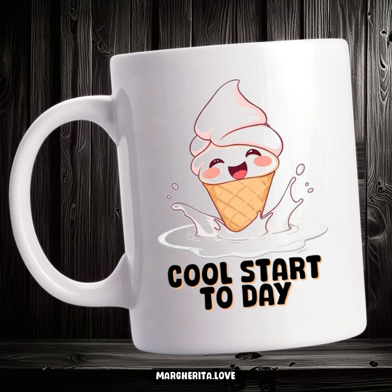 Funny mug featuring a giggling ice cream cone person joyfully splashing in milk, bringing sweet and humorous fun.