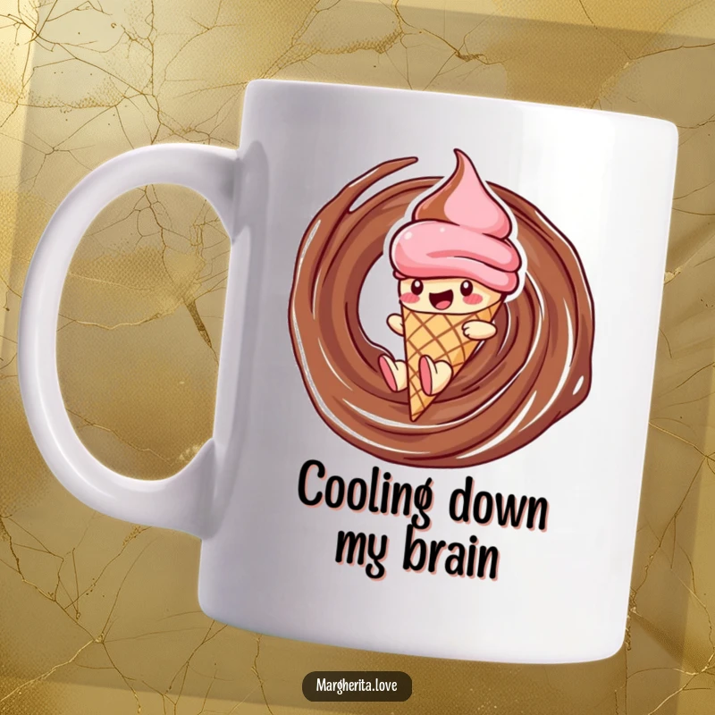 Funny ice cream cone mug featuring a delighted character sliding down a chocolate swirl, a humorous and cool addition to your kitchen.