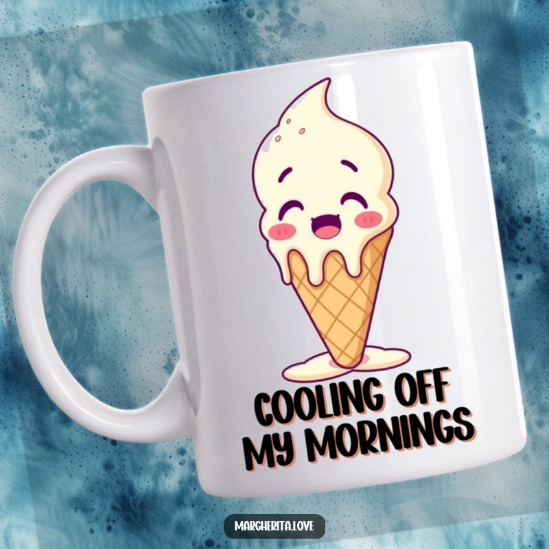 Funny ice cream cone mug featuring a surprised character melting happily, ideal for summer lovers and dessert fans.