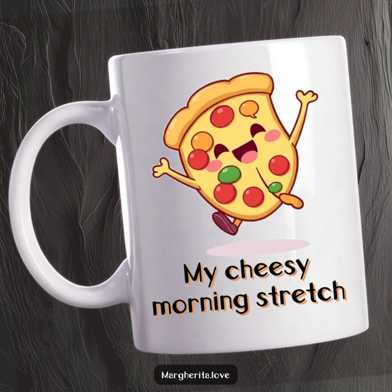Funny pizza slice character joyfully performing a cartwheel, bringing an energetic and humorous vibe to this mug.