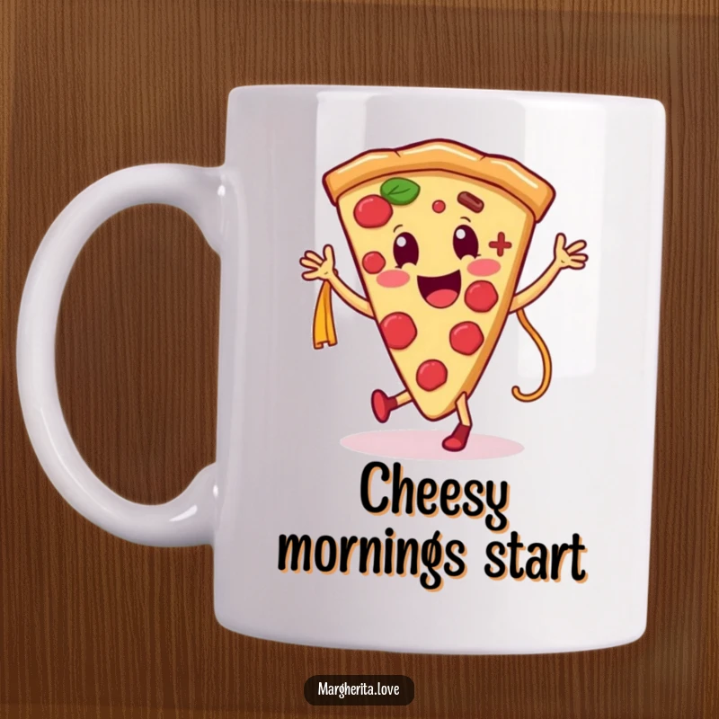 Funny mug showcasing a happy pizza slice character playfully dancing with a pasta noodle, celebrating the joy of food.