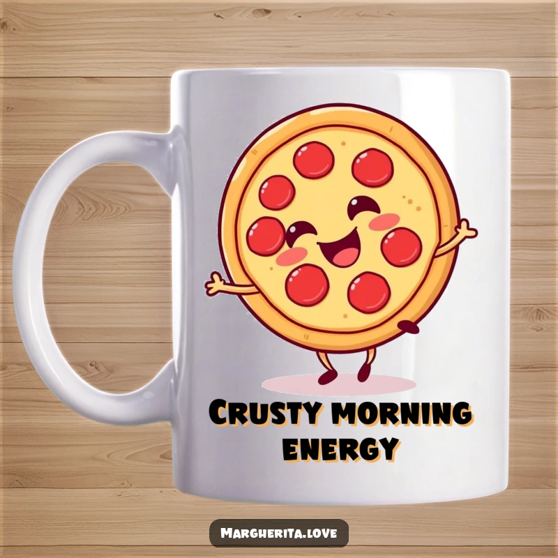 Funny pizza slice cartwheel mug, a round, red, smiling pizza slice gleefully performing a cartwheel with joy.