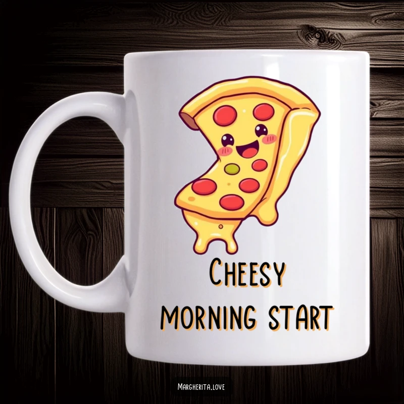 Funny mug featuring a smiling pizza slice person sliding down a long, stretchy strand of cheese, embodying cheesy fun.