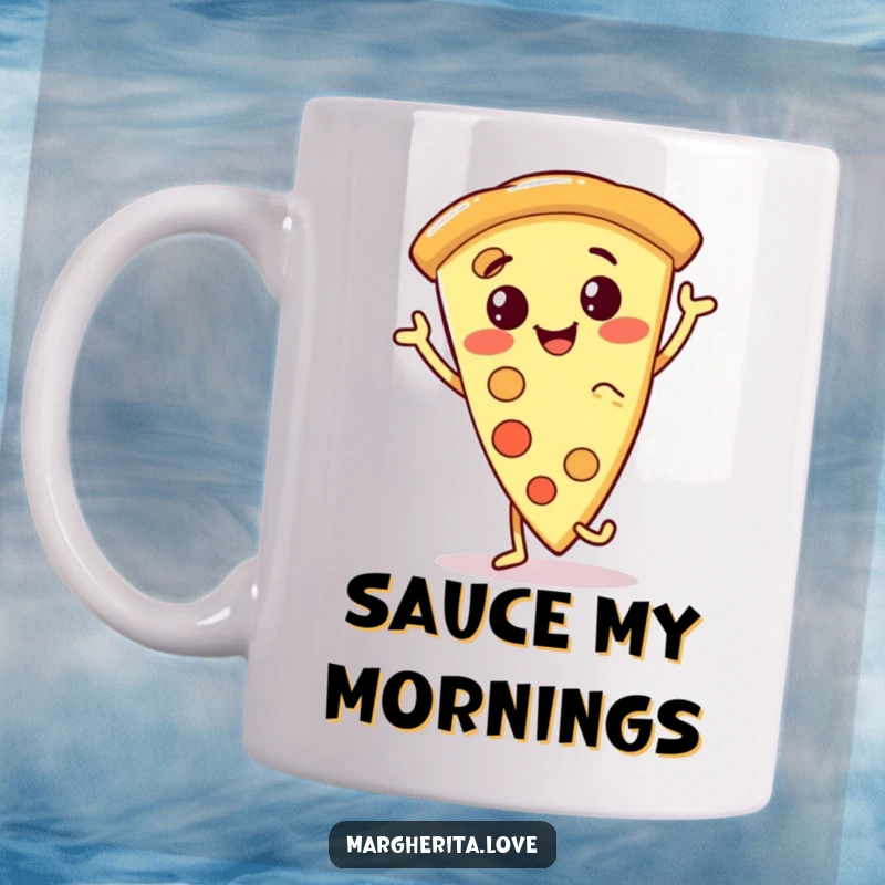 Funny pizza slice mug featuring a smiling, anthropomorphic pizza character doing a joyful dance, bringing laughter and delicious vibes.