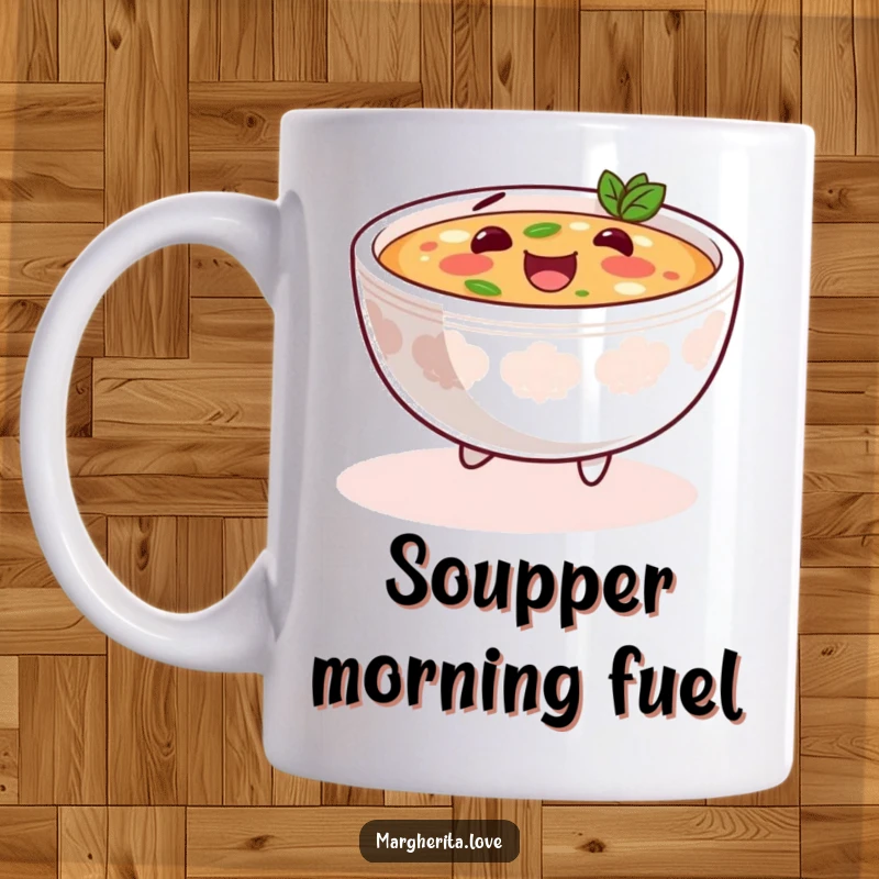 Funny soup skip mug featuring a content anthropomorphic bowl of soup doing a happy little skip, radiating warmth and joy.