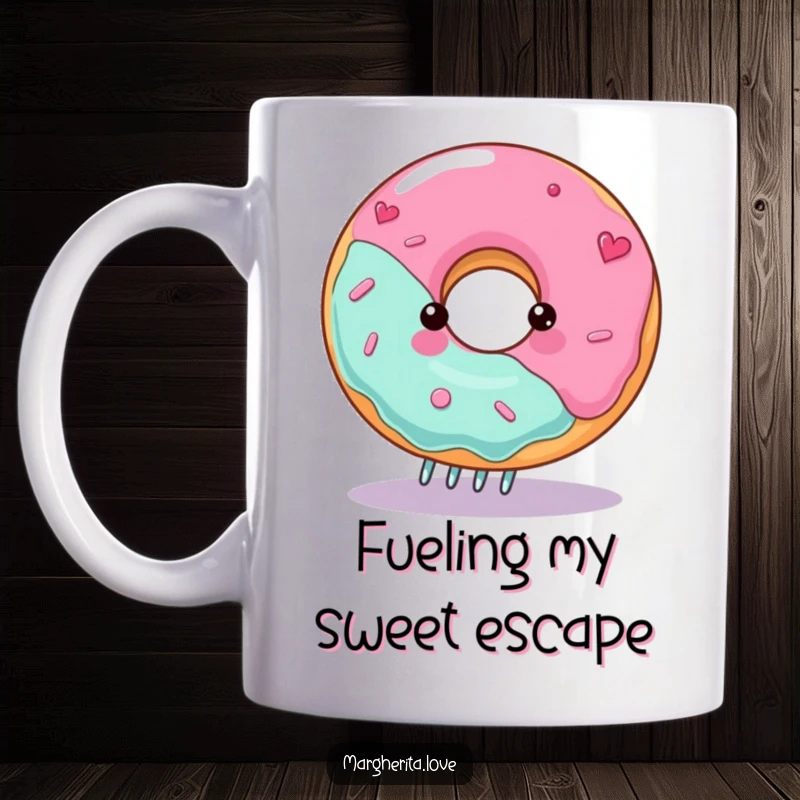 Funny donut mug with a gleeful character spinning on a fork, ideal for pastry lovers and breakfast fun.