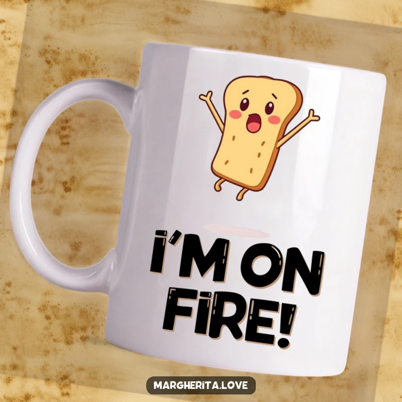 Funny mug featuring a breadstick person comically leaping into the air with a look of delightful surprise.