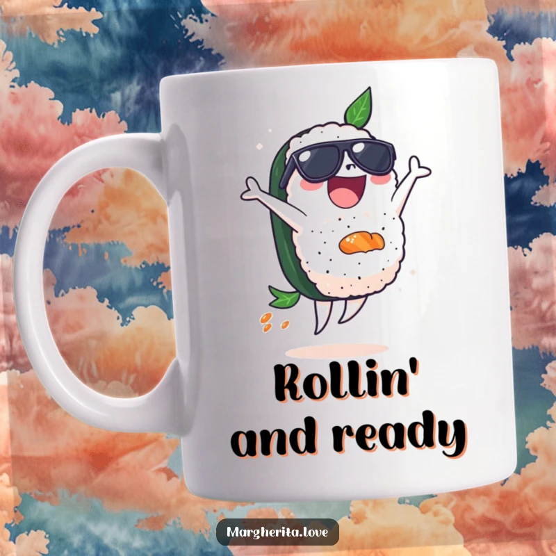 Funny mug featuring a delighted piece of sushi wearing cool sunglasses and performing a dynamic backflip with flair.