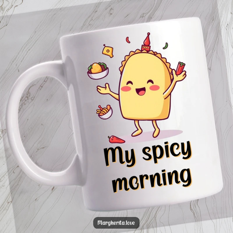 Funny taco character happily juggling tiny toppings, bringing a festive and humorous vibe to this mug.