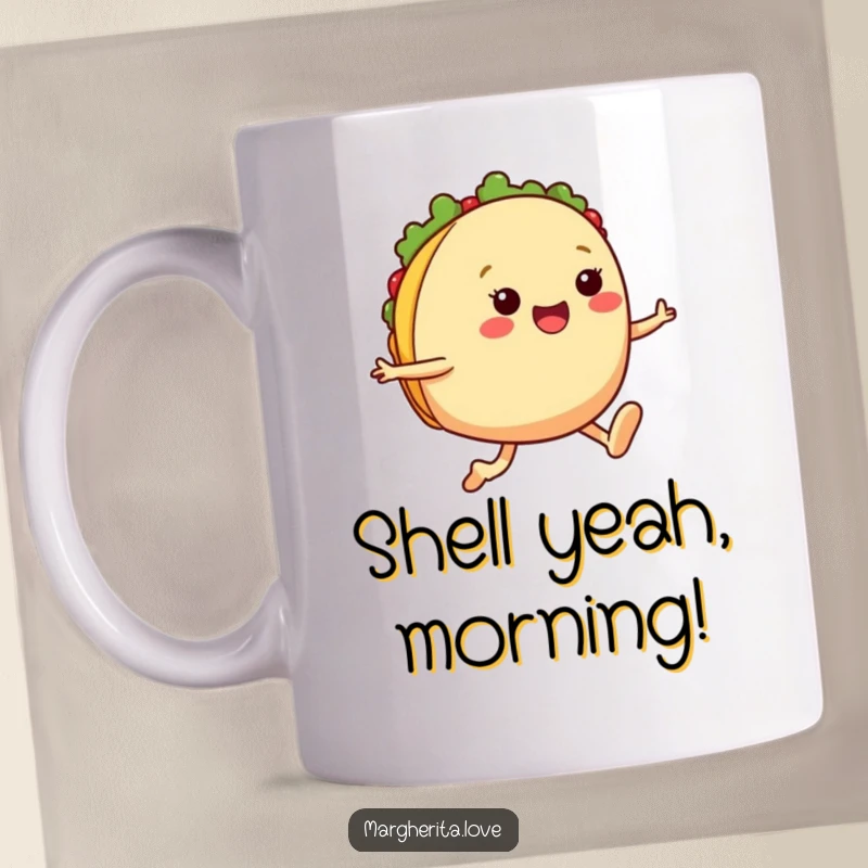 Funny taco jump mug featuring a cheerful anthropomorphic taco with legs, captured mid-air in a joyful leap, radiating fun.