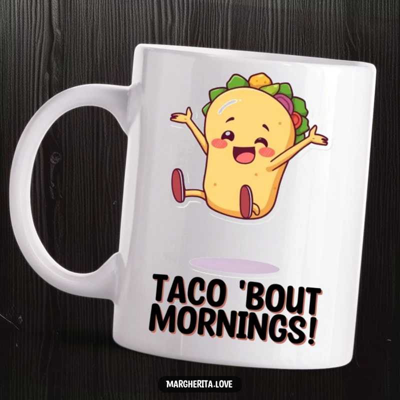 Funny jaunty taco person doing an excited cartwheel on a mug, celebrating with zest.