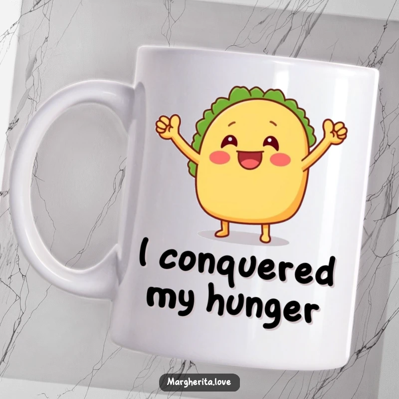 Funny mug featuring a grinning taco with arms raised in a triumphant victory dance, embodying pure celebration and joy.