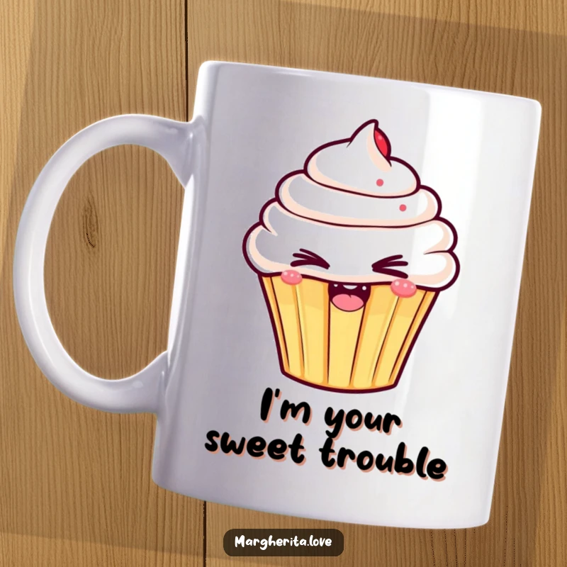 Funny cupcake mug with an enthusiastic character winking mischievously, perfect for a sweet and sassy morning coffee.