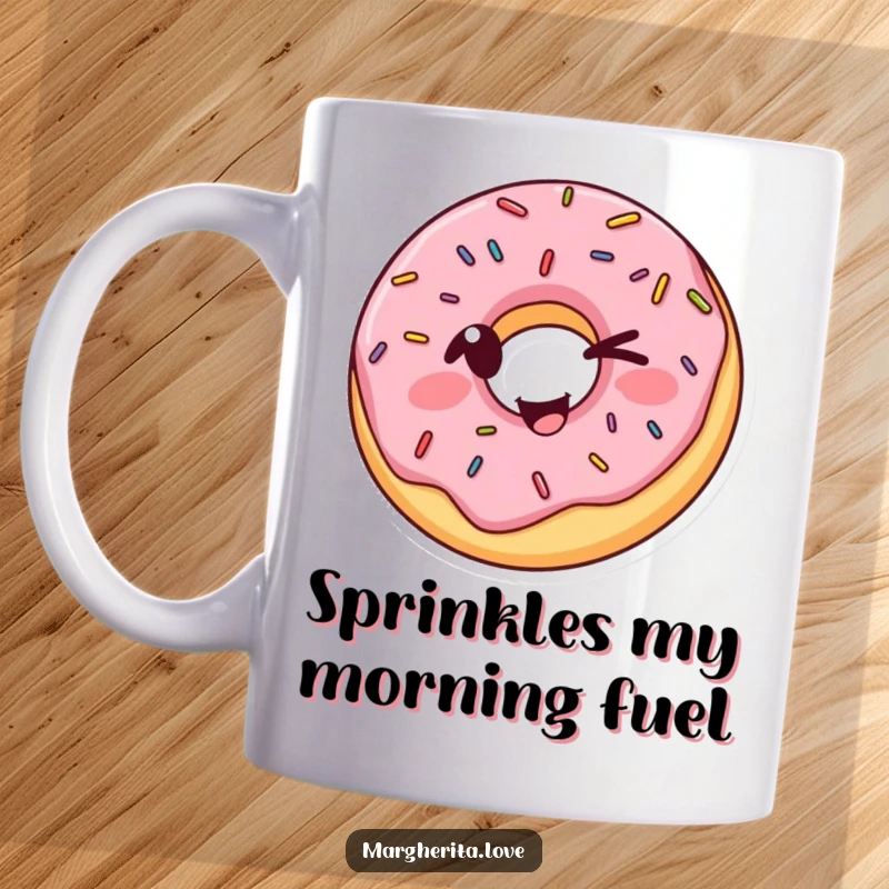 Funny Donut Mug featuring a winking sprinkled donut striking a comical pose, bringing sugary cheer and laughter to your beverage.