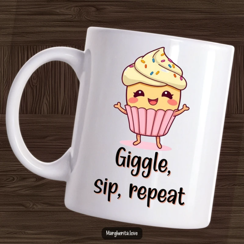 Funny giggling cupcake with sprinkles doing a little jig, depicted on a mug, full of sweet, infectious joy.