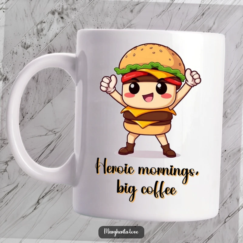Funny proud burger character striking a powerful, heroic pose, a super-powered mug design for champions.