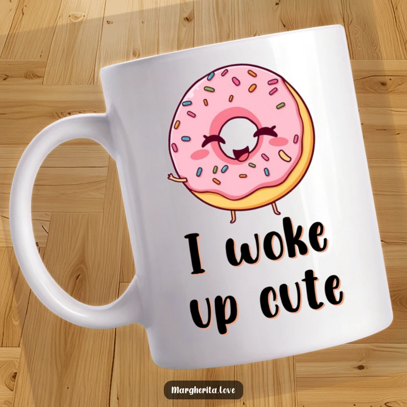 Funny mug featuring a winking donut with colorful sprinkles striking a comical, silly pose, radiating playful mischief.