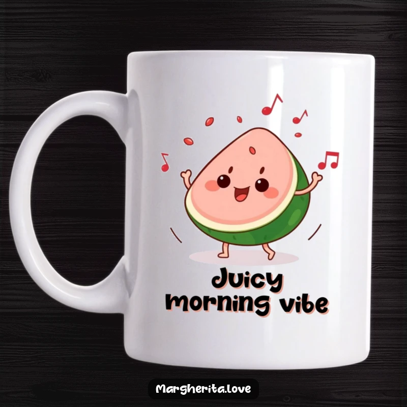 Funny mug: A slice of watermelon happily grooves to music, with seeds playfully popping out, radiating vibrant energy.