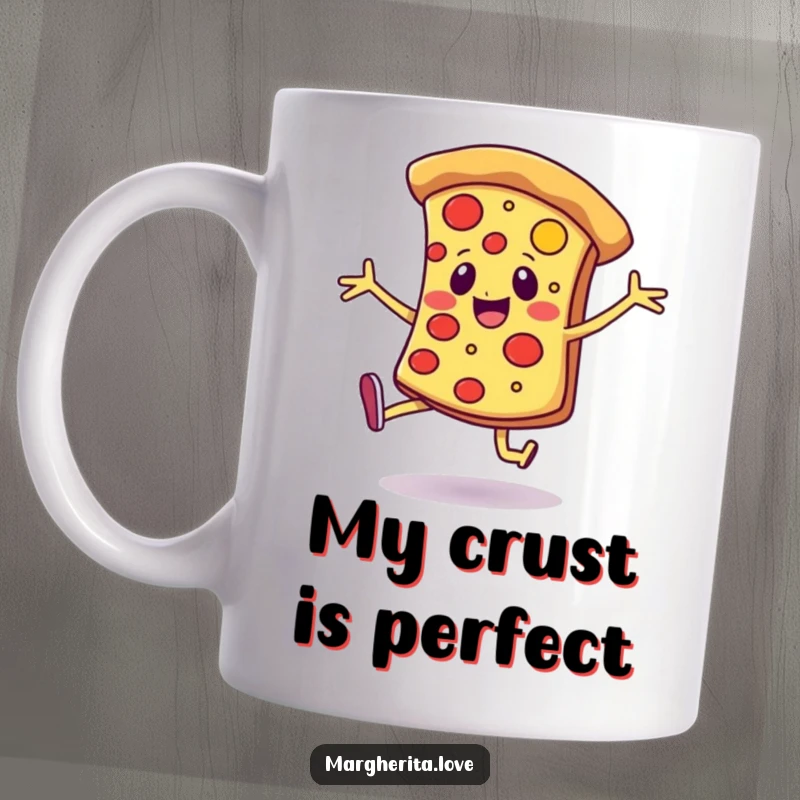 Funny mug featuring a cheerful pizza slice with legs, joyfully dancing, embodying pure happiness and delicious fun.