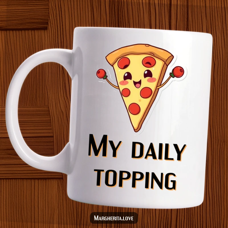 Funny mug depicting a smiling slice of pizza expertly juggling multiple pieces of pepperoni with a cheerful expression.