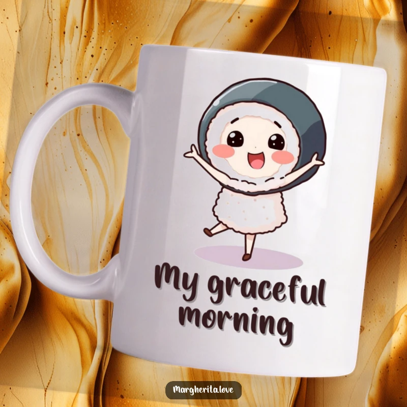 Smiling sushi roll character gracefully performing a pirouette, adding elegance and humor to this mug.