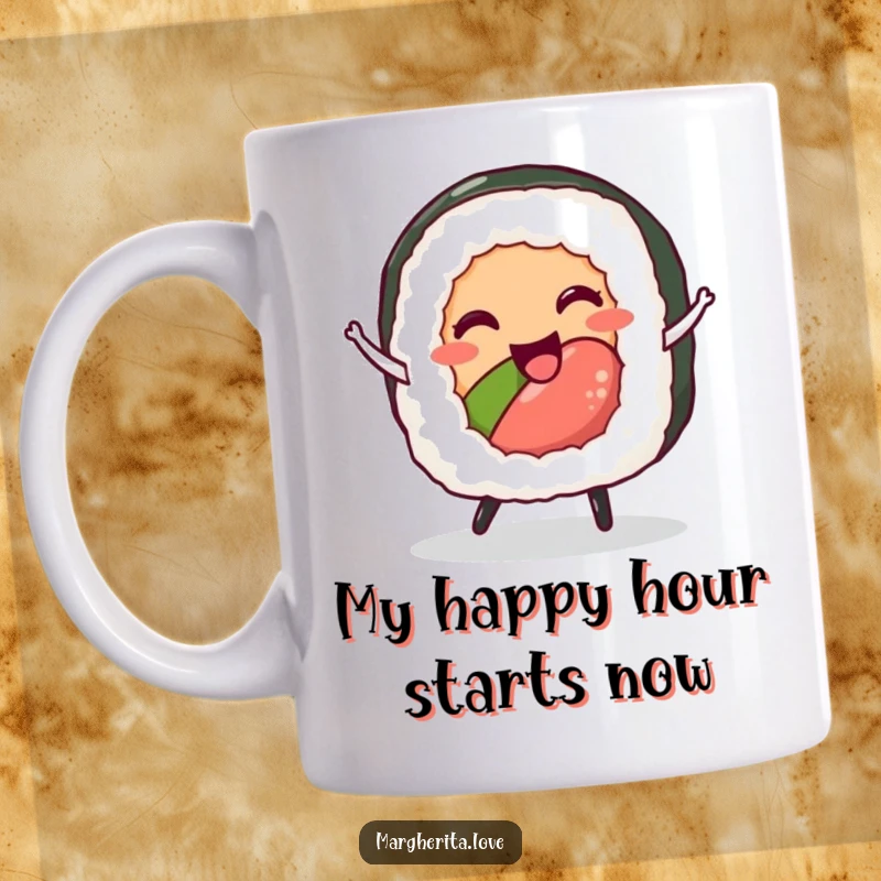 Funny sushi roll mug featuring a delighted character performing a joyful dance, perfect for anime fans and foodies.