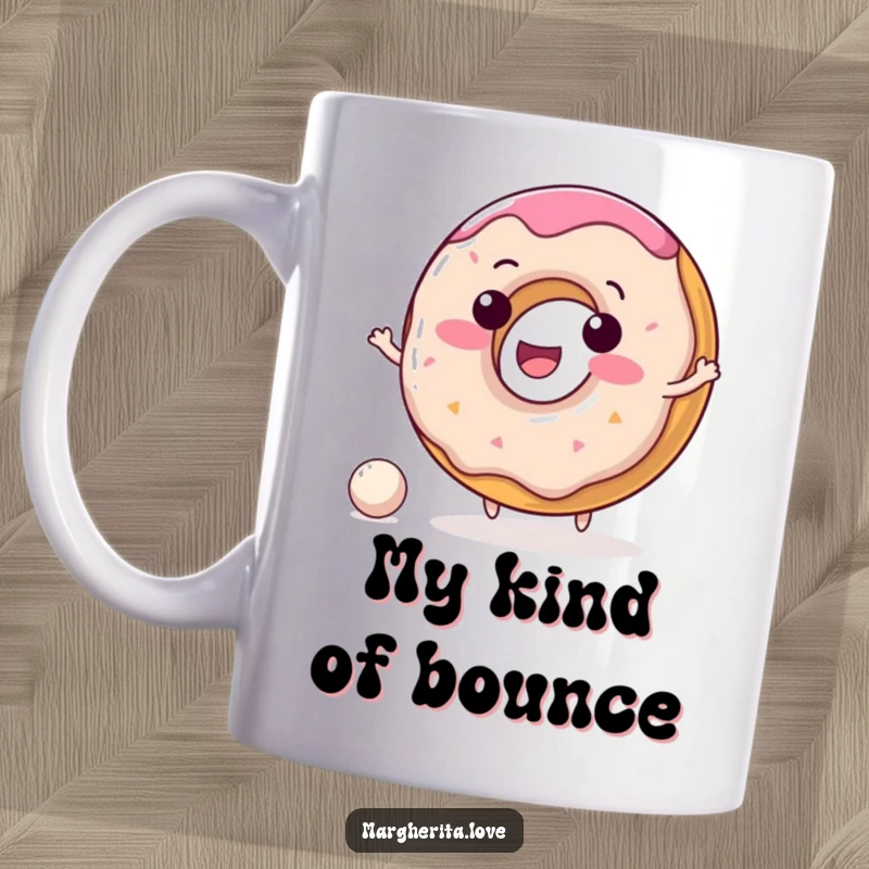 Funny donut mug showing a delighted donut character happily bouncing a tiny ball with a big smile.