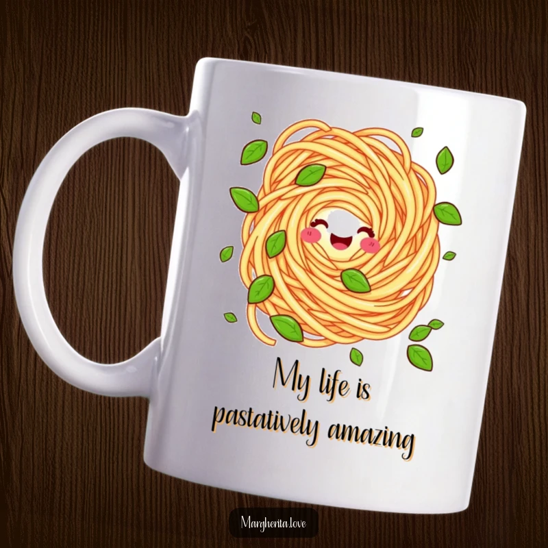 Funny mug featuring a cheerful pasta swirl character in mid-air, skillfully juggling small green basil leaves with a playful expression.