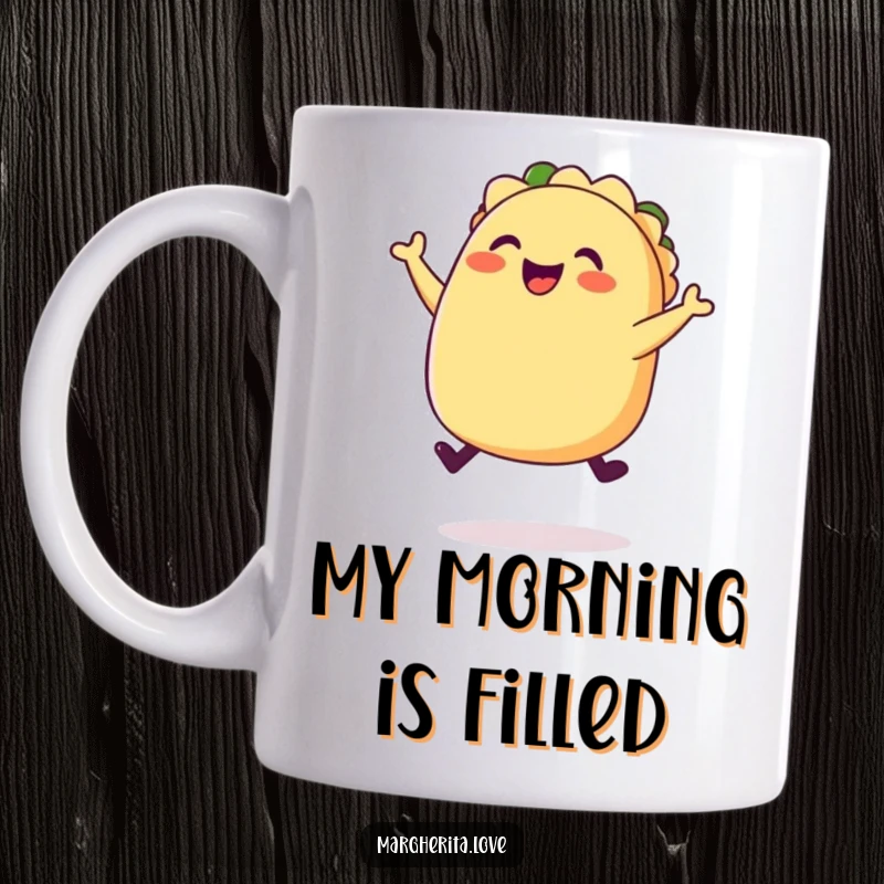 Funny happy taco jump mug, a plump, joyful taco with legs leaping mid-air with pure excitement.