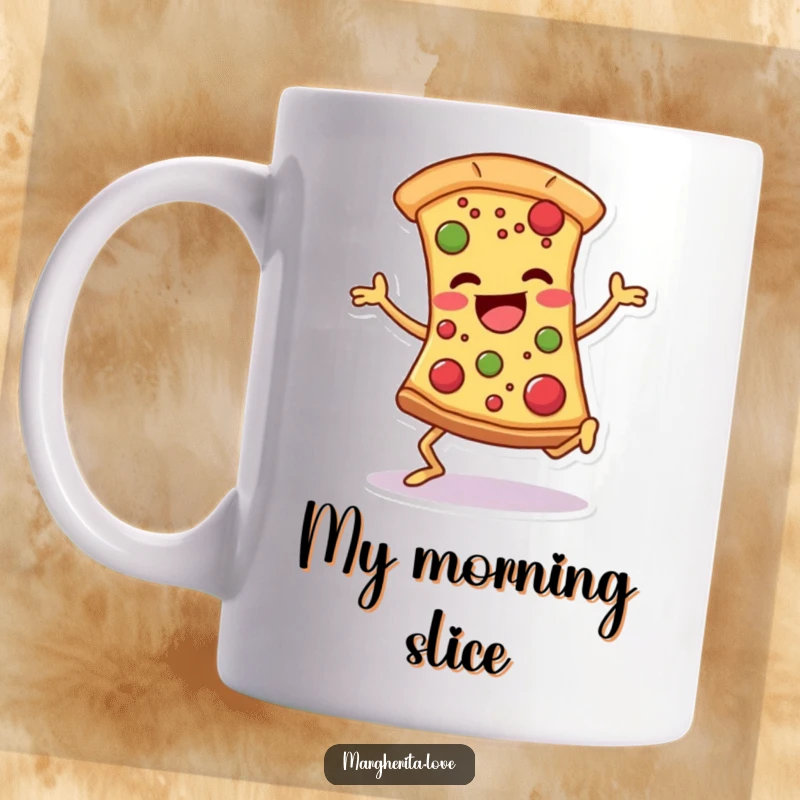 Funny pizza slice mug with legs happily dancing, toppings bouncing, showcasing a joyful and comedic food celebration.