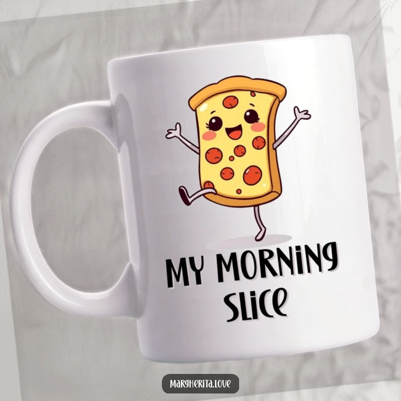 Funny happy pizza slice mug, doing a cartwheel with its little legs, radiating pure joy and deliciousness.