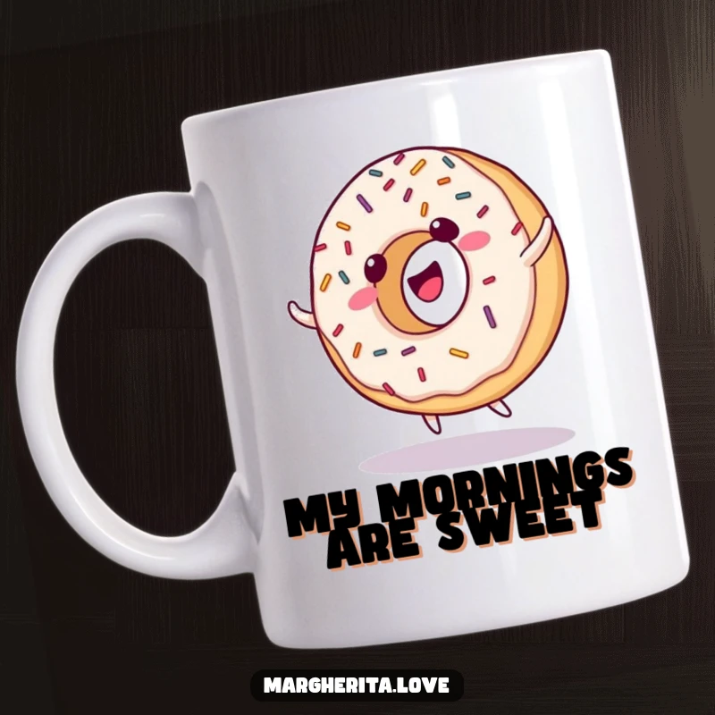 Funny mug featuring a giggling donut with colorful sprinkles, performing a cartwheel with joyful abandon.