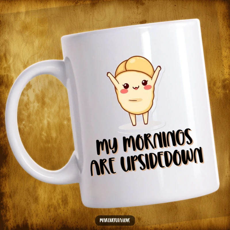 Funny croissant mug featuring a charming pastry doing a perfect handstand, bringing a touch of whimsical fun to your drink.