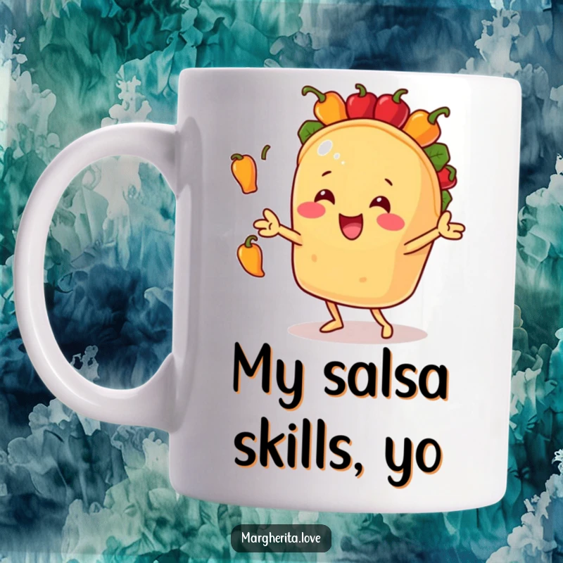 Funny mug featuring a joyful taco character energetically juggling small bell peppers, expressing pure delight and culinary chaos.