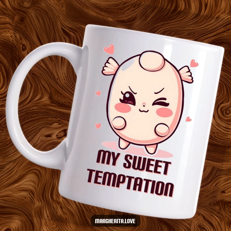 Funny candy mug featuring a colorful candy piece with one eye closed, winking mischievously with a playful grin.