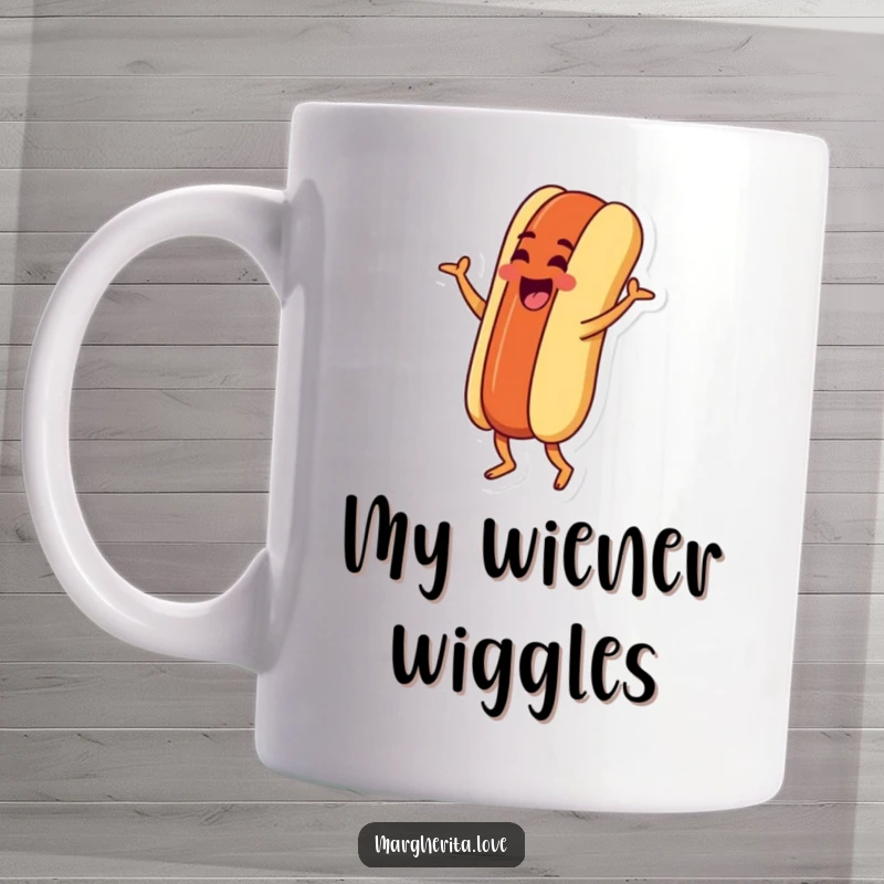 Funny mug featuring a goofy hot dog character performing a silly jig, exuding pure joy and energetic fun.
