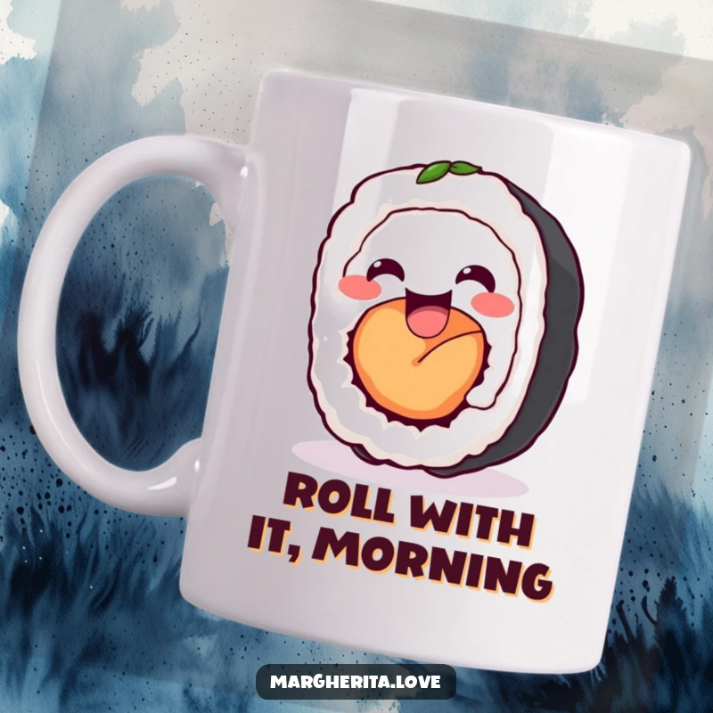 Funny sushi roll wiggle mug featuring a delighted anthropomorphic sushi roll wiggling happily, radiating pure, adorable joy.
