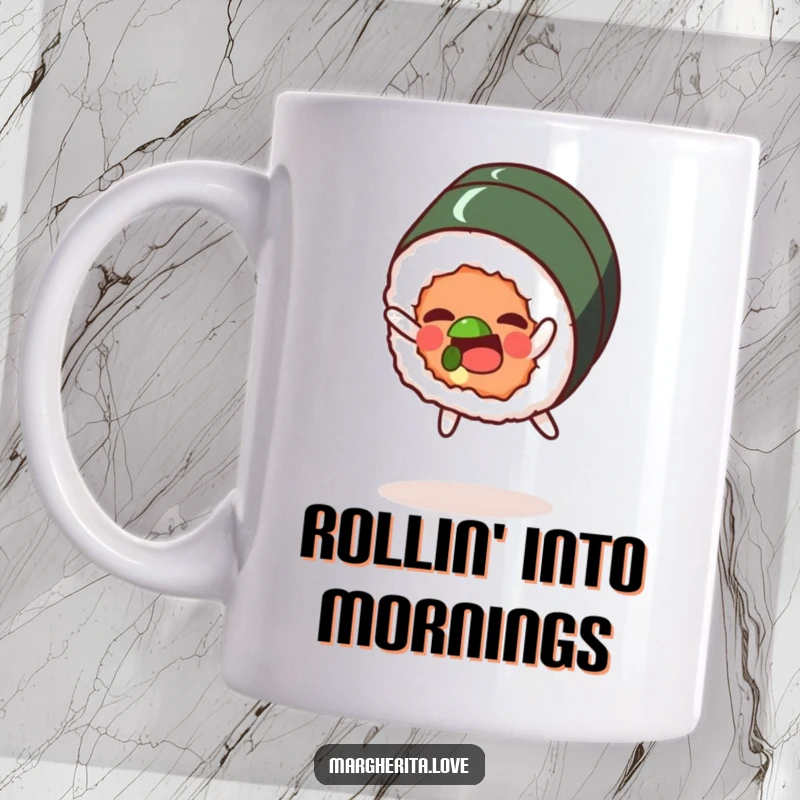 Funny mug with a happy sushi roll character mid-somersault, looking delighted and agile with seaweed topping.