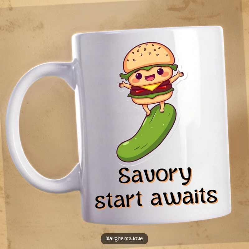 Funny mug featuring a delighted burger person precariously balancing on a pickle, bringing quirky food humor.