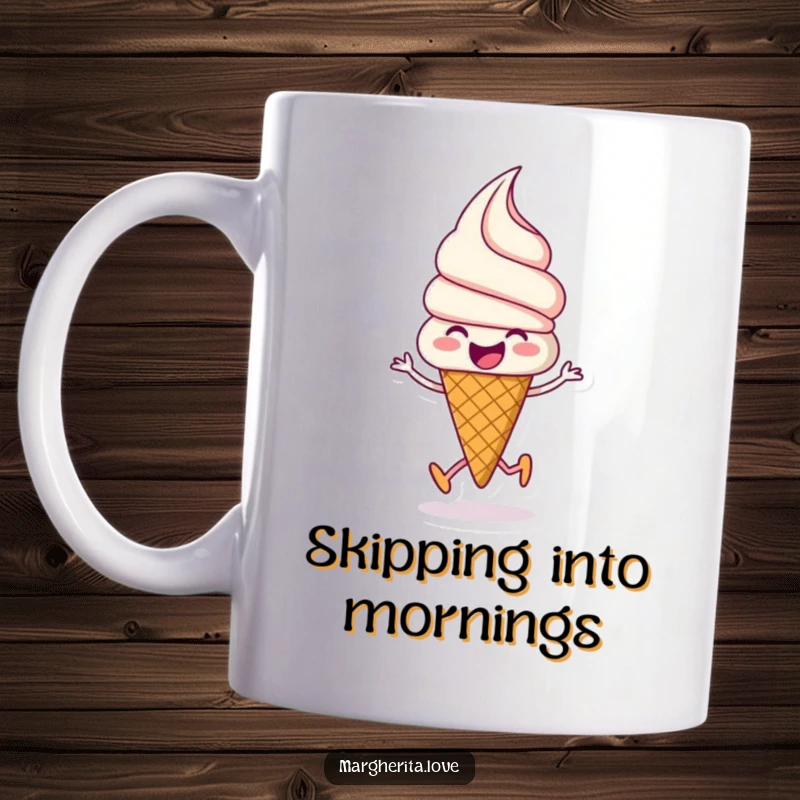Funny ice cream mug depicting a happy ice cream cone with a beaming smile, caught mid-skip with joy.