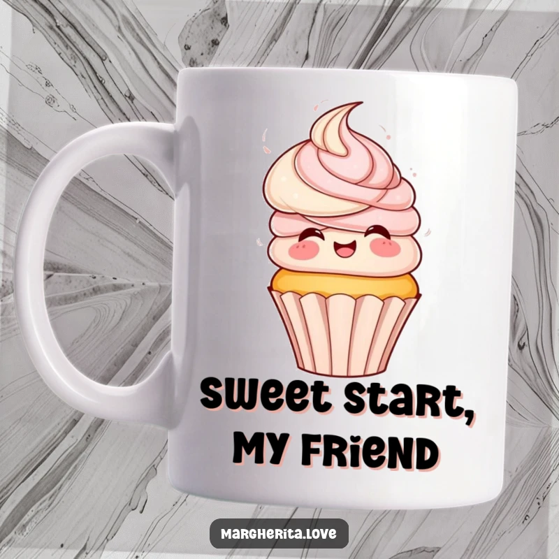 Funny mug featuring a playful cupcake with colorful frosting hair, excitedly spinning, embodying pure sugary joy.