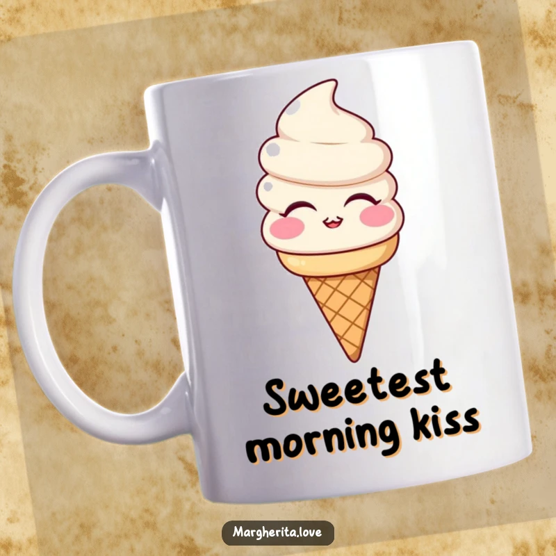 Funny mug featuring a smiling ice cream cone character blowing a sweet kiss with a cheerful expression, ideal for gifting.