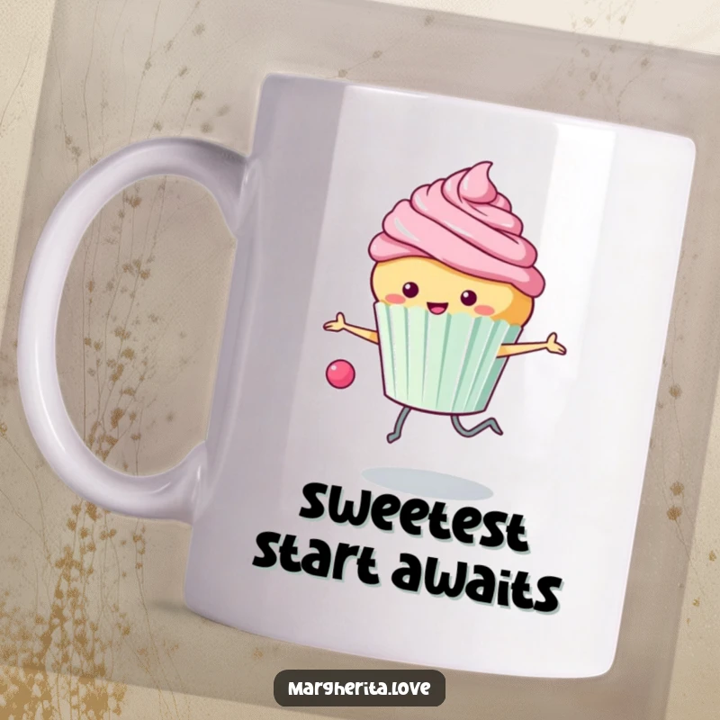Funny mug: A happy anthropomorphic cupcake joyfully skips rope, with frosting playfully flying, radiating cheerful energy.
