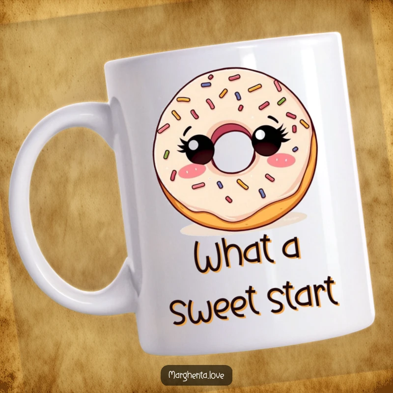 Funny mug with a curious doughnut character, adorned with sprinkles, looking around with intrigue.