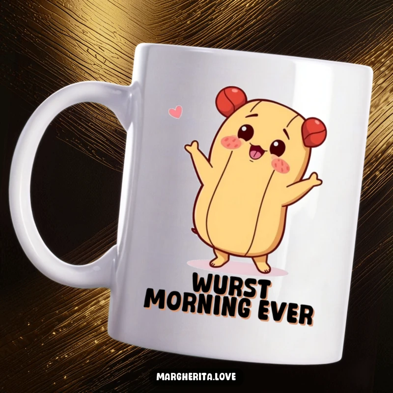 Funny mug with a hot dog character doing a playful, energetic shimmy dance with a smile.